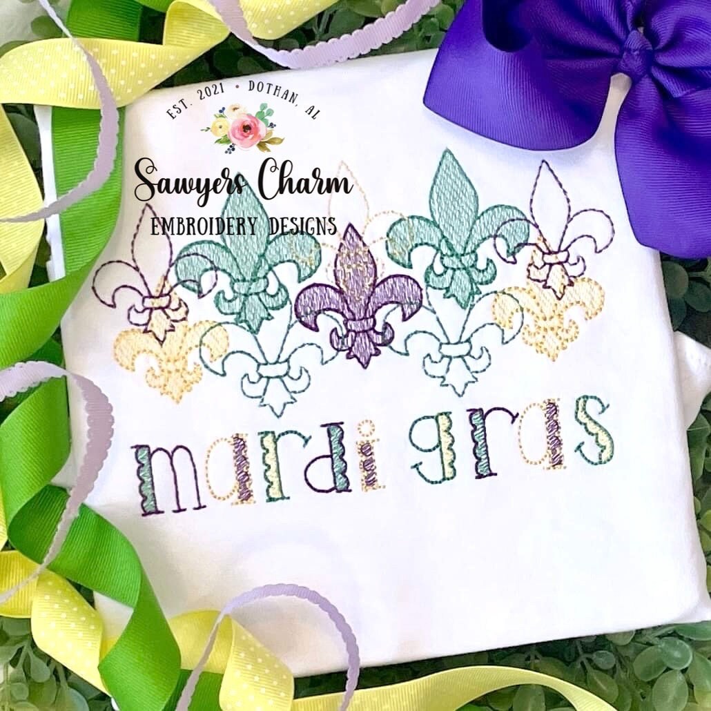 Overlapping fleur de lis sketch stitch and bean stitch machine embroidery design file, quick stitch, Mardi Gras, beads, throw me something