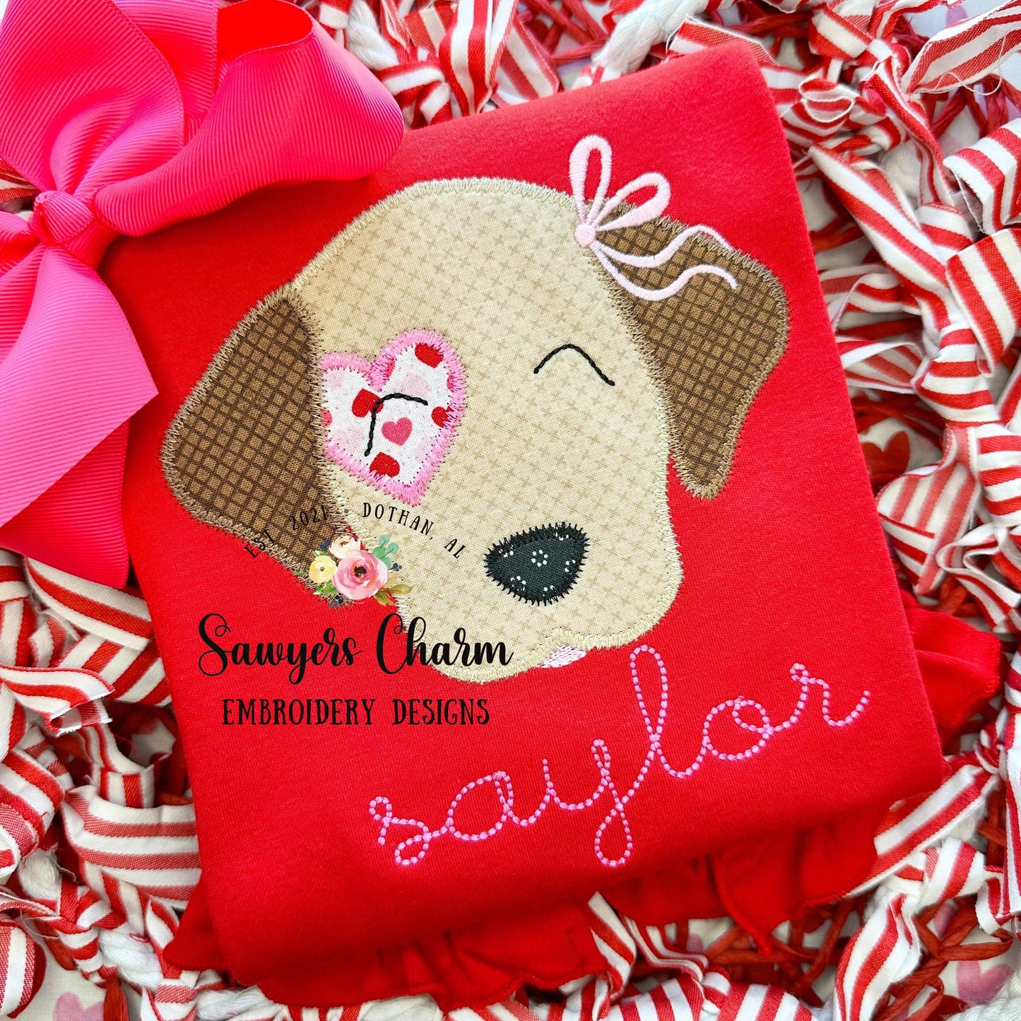 BUNDLE Puppy dog heart patch zig zag applique, machine embroidery design file, with & without bow, quick stitch, lab, XOXO Valentine's Day