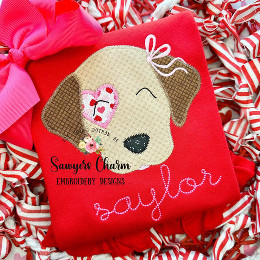 BUNDLE Puppy dog heart patch zig zag applique, machine embroidery design file, with & without bow, quick stitch, lab, XOXO Valentine's Day