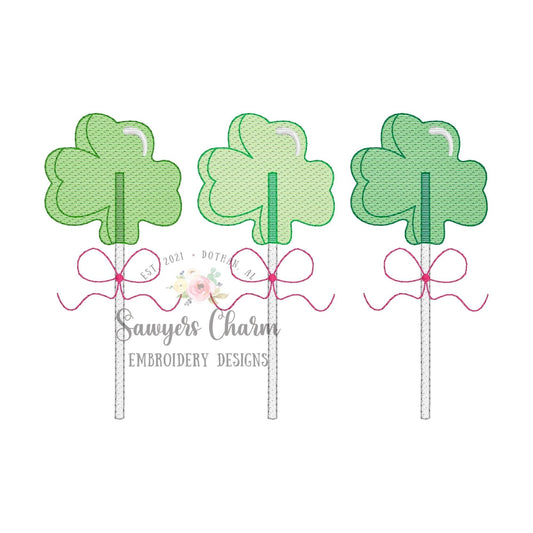 BUNDLE Shamrocks lollipop suckers trio with & without bows sketch stitch machine embroidery design file, St. Patrick's Day, good luck