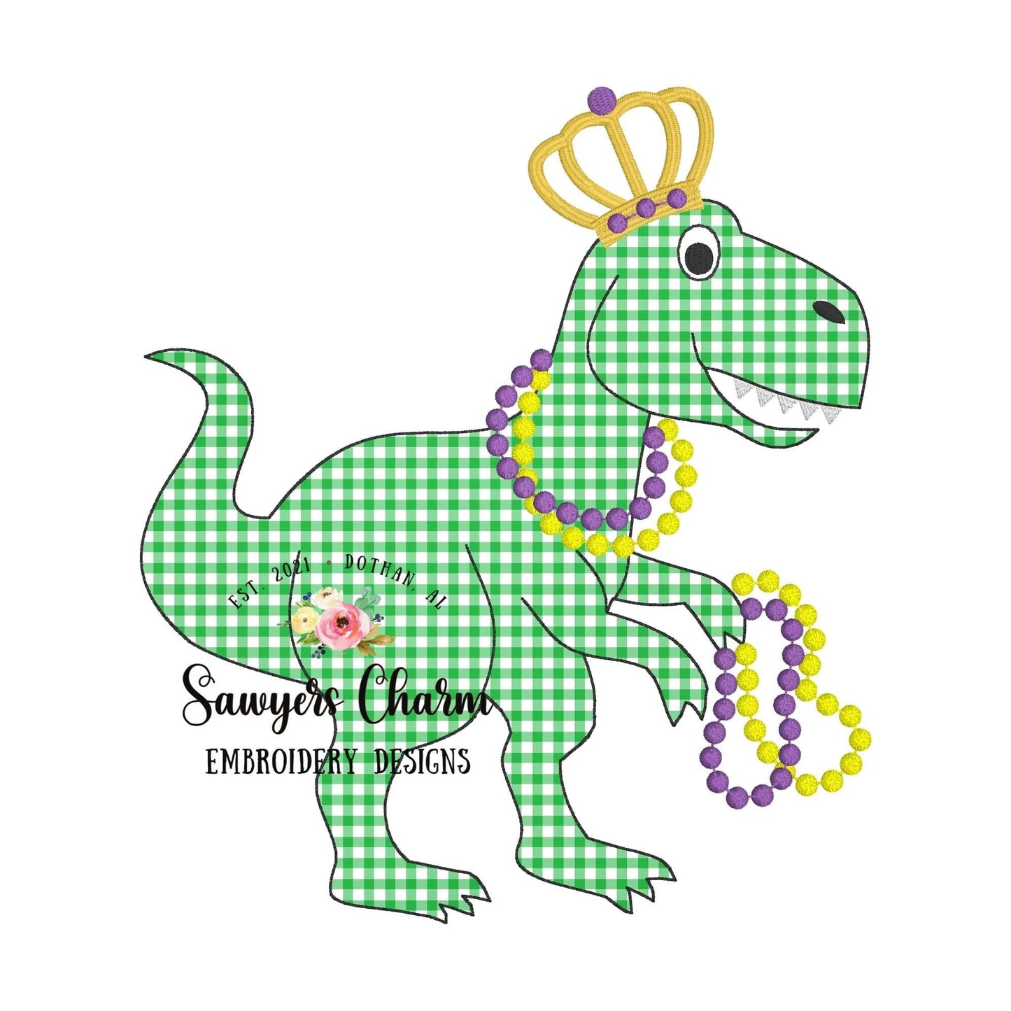 BUNDLE Mardi Gras T-Rex zigzag & bean stitch applique, machine embroidery design file, tyrannosaurus rex dinosaur dino, beads, crown, party