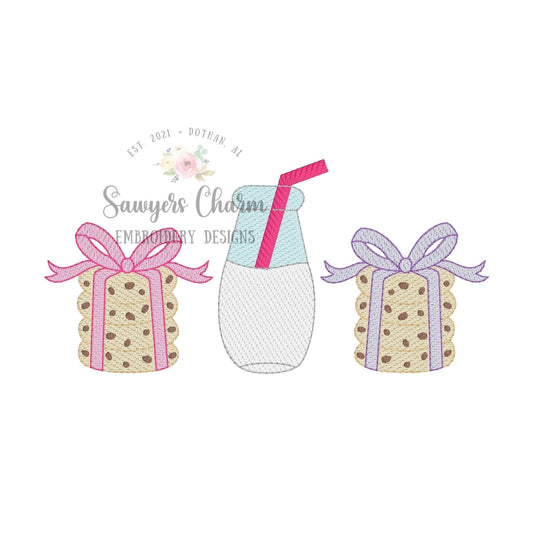 Milk & stacked cookies with bow trio sketch stitch machine embroidery file, quick stitch, snacks, chocolate chips, oatmeal raisin, food