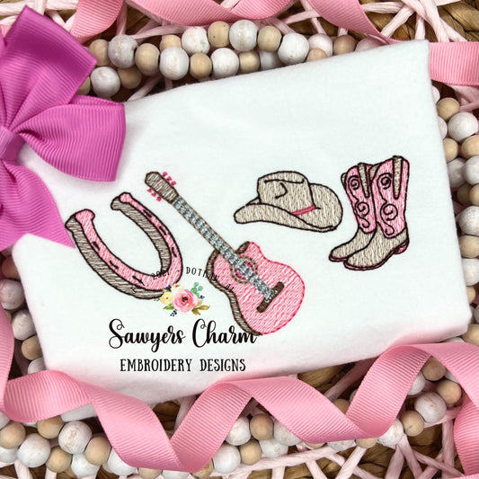 Build your own design Boots, hat, horseshoe, guitar sketch stitch machine embroidery design file, bean stitch, Nashville country music
