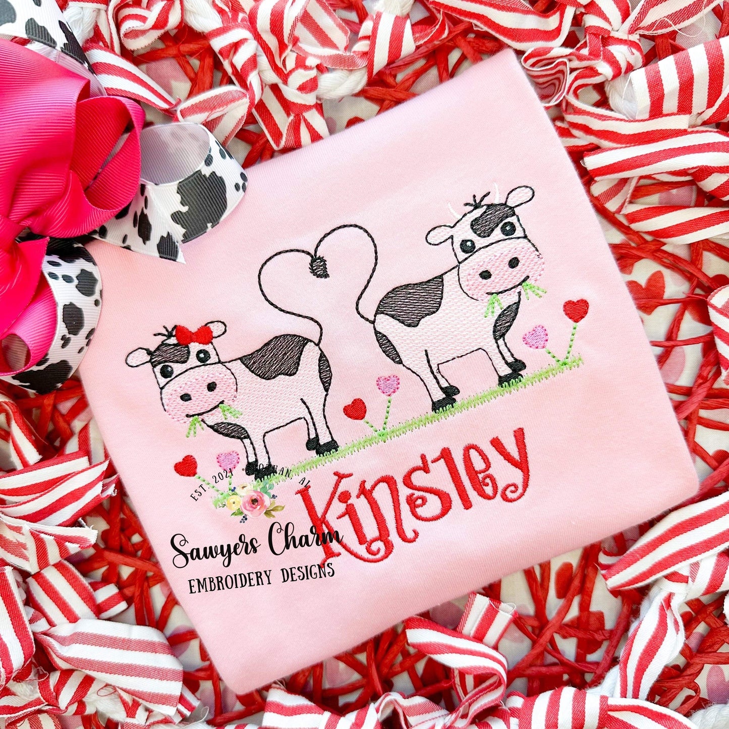 Valentine's Day Cows with hearts/flowers sketch stitch machine embroidery design file, quick stitch, bean stitch, love, farm animals, XOXO