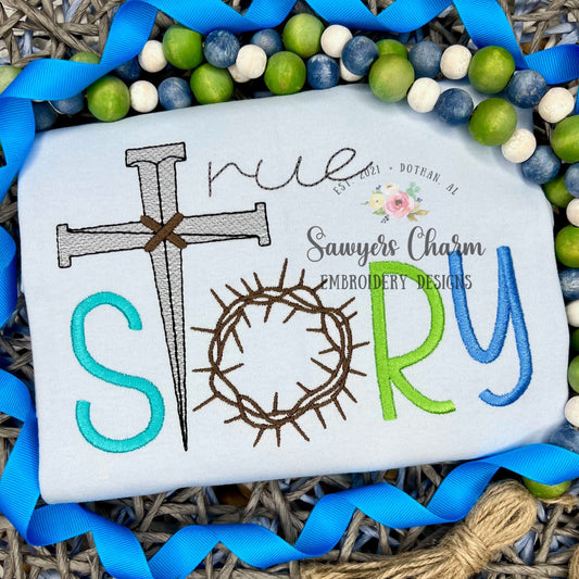 TRUE STORY Crown of thorns, cross & nails sketch stitch machine embroidery design file, satin stitch letters, Easter resurrection, Jesus