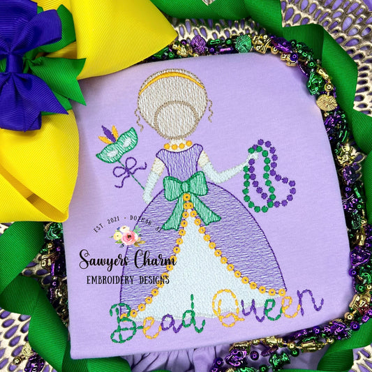 Mardi gras princess sketch stitch machine embroidery design file, quick stitch, mask, fleur de lis, necklace beads, bow, magic wand