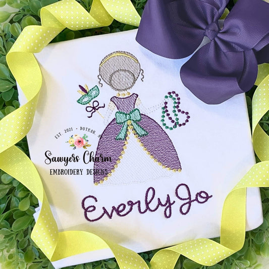 Mardi gras princess sketch stitch machine embroidery design file, quick stitch, mask, fleur de lis, necklace beads, bow, magic wand