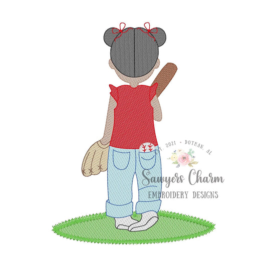 Little girl with buns, bows, baseball, bat, glove, sketch stitch machine embroidery design file, quick stitch, spring summer, outdoors field