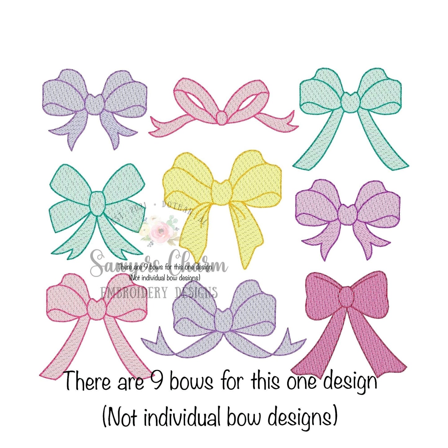 Grid of 9 bows sketch stitch with bean stitch details, machine embroidery design file, quick stitch, vintage retro, coquette, girl ribbons