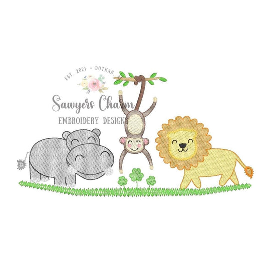 BUNDLE Zoo/jungle/safari animals and shamrocks with & without bows sketch stitch trio, machine embroidery design file, hippo, monkey, lion