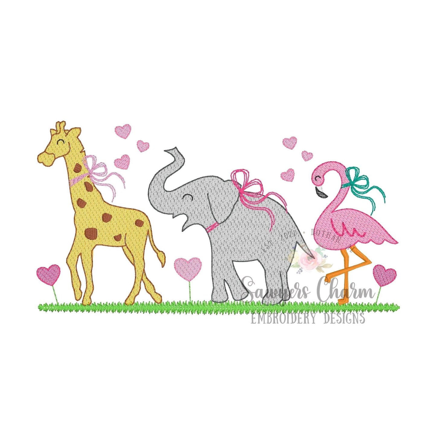 BUNDLE Zoo/jungle/safari animals and hearts with & without bows sketch stitch trio, machine embroidery design file giraffe/elephant/flamingo
