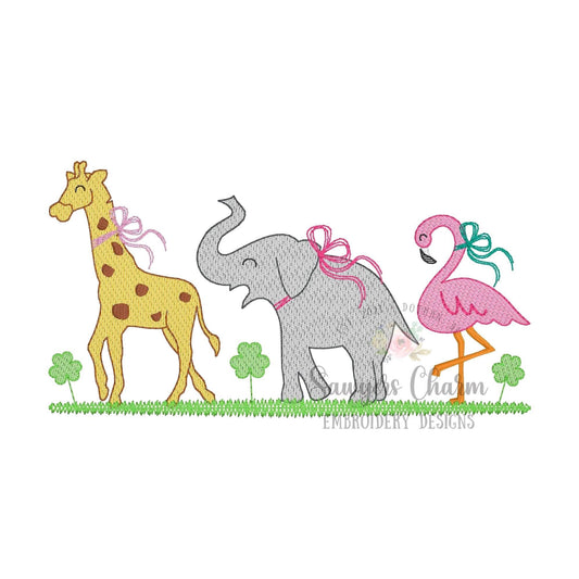 BUNDLE Zoo/jungle/safari animals and shamrocks with/without bows sketch stitch trio machine embroidery design file giraffe/elephant/flamingo