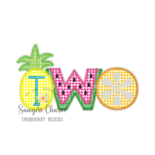 Two-tii fruity birthday pineapple watermelon citrus fruit summer zig zag applique, machine embroidery design file, party, quick stitch