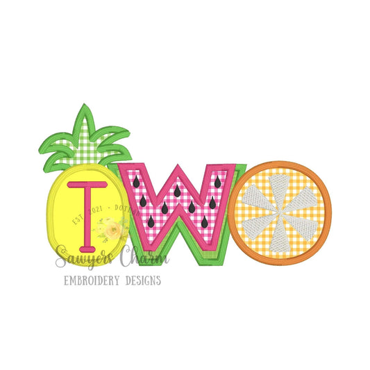Two-tii fruity birthday pineapple, watermelon, citrus fruit summer satin stitch applique, machine embroidery design file, party, quick stitch