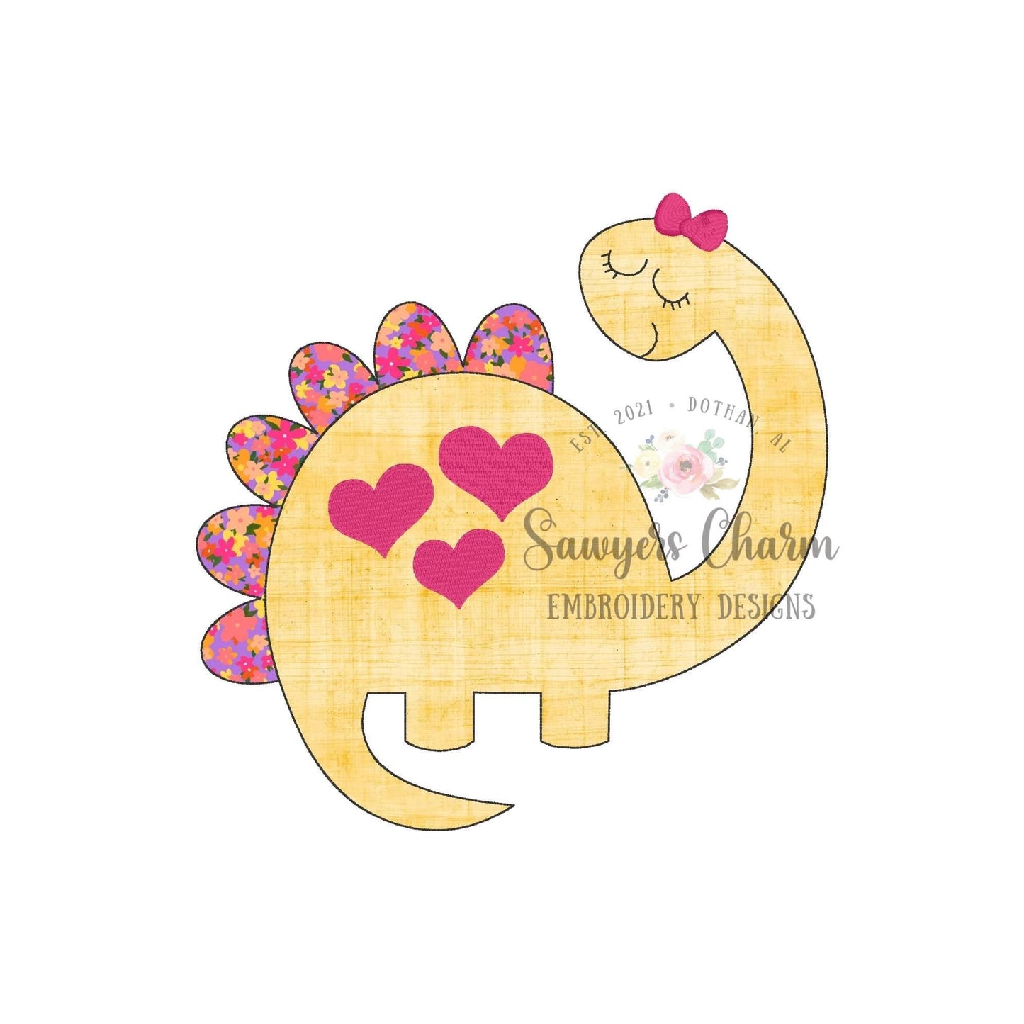 BUNDLE Girl dinosaur with bow & heart spots bean and zig zag stitch applique, machine embroidery design file, love, hugs/kisses, Valentine