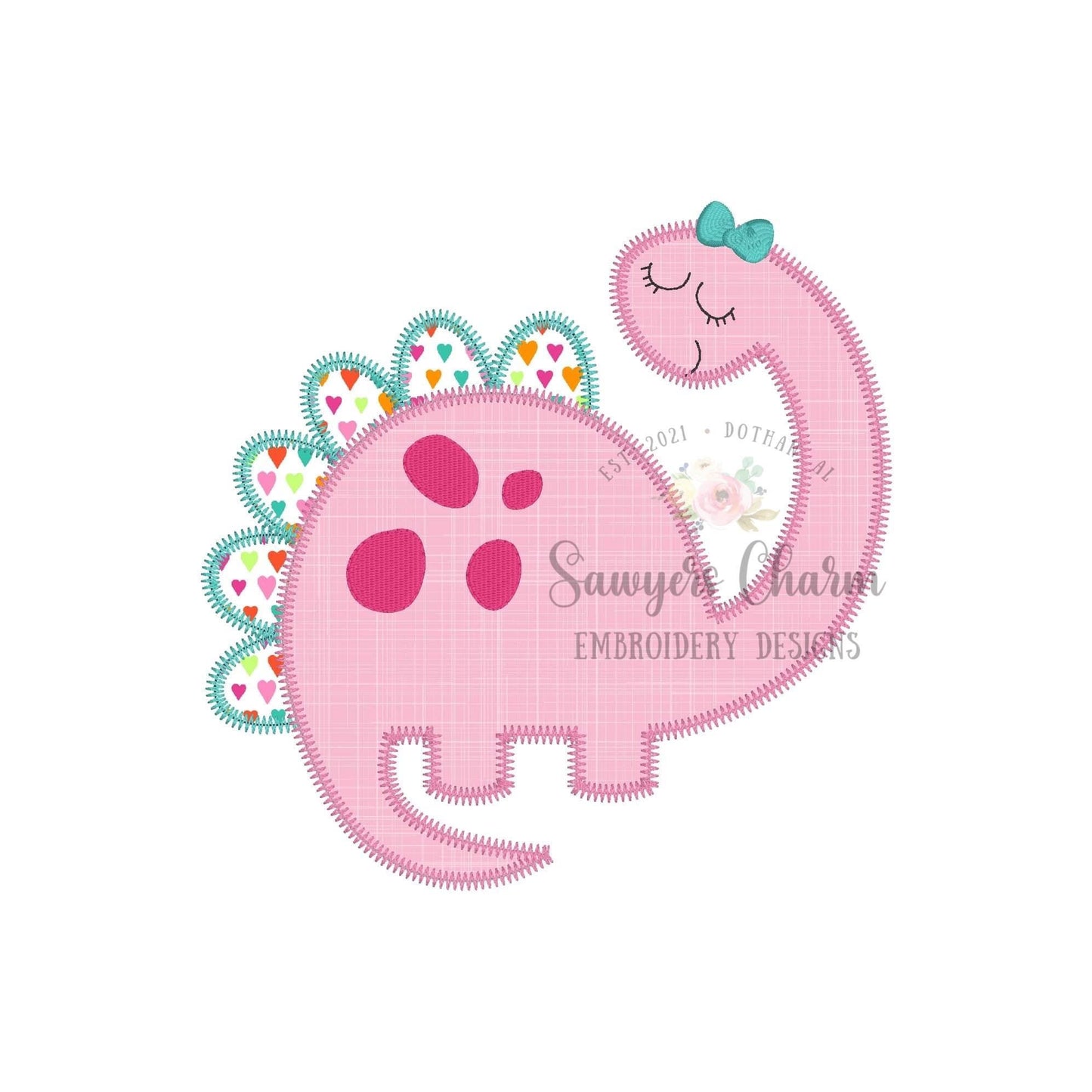 BUNDLE Girl dinosaur with bow & spots bean and zig zag stitch applique, machine embroidery design file, quick stitch, rawr, long neck spikes