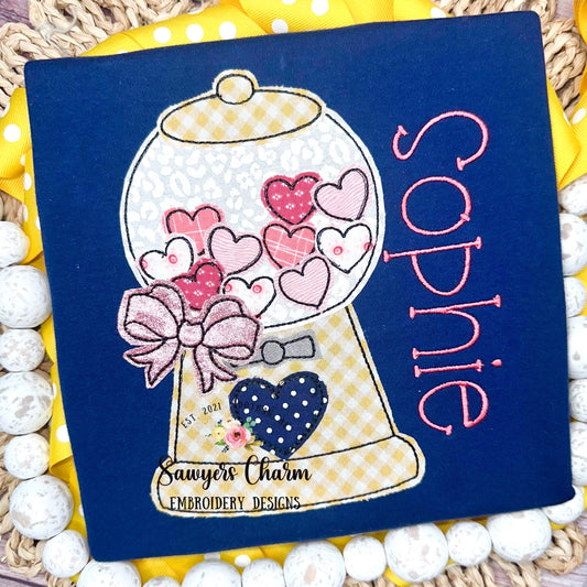 BUNDLE Heart gumball machine with bow zigzag & bean stitch machine applique embroidery design file, Valentine's Day, love, hugs and kisses