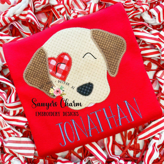 BUNDLE Puppy dog heart patch zig zag applique, machine embroidery design file, with & without bow, quick stitch, lab, XOXO Valentine's Day