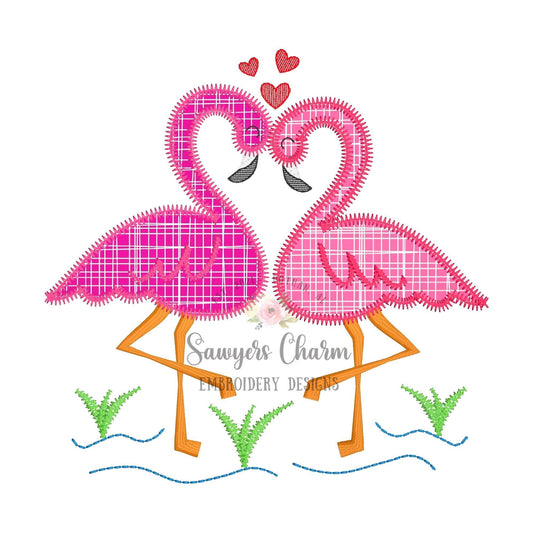 Pair of flamingos with hearts zig zag stitch machine applique, embroidery design file, love birds, water, zoo, quick stitch, xoxo, valentine