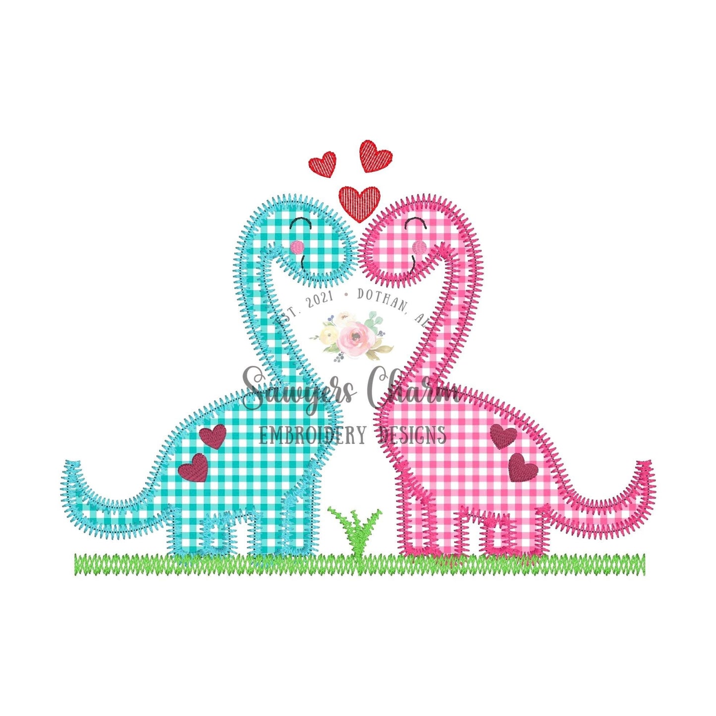 Pair of dinosaurs with hearts zig zag stitch machine applique, embroidery design file, love, zoo, quick stitch, Valentine's Day, XOXO