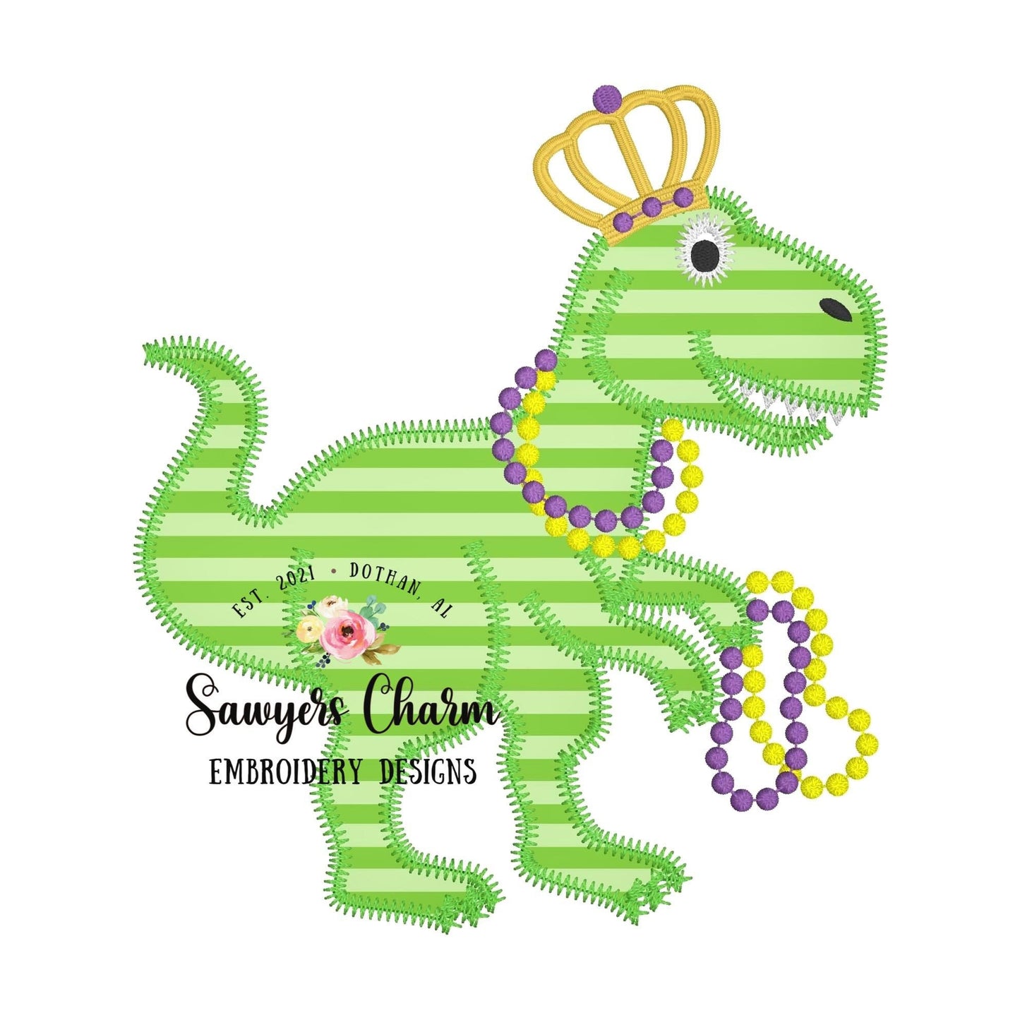 BUNDLE Mardi Gras T-Rex zigzag & bean stitch applique, machine embroidery design file, tyrannosaurus rex dinosaur dino, beads, crown, party