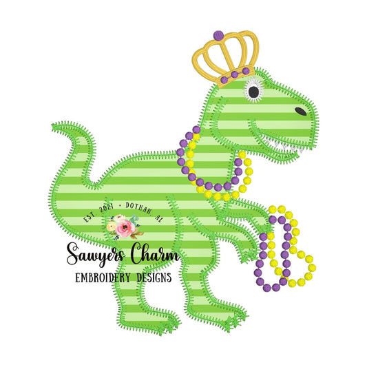 BUNDLE Mardi Gras T-Rex zigzag & bean stitch applique, machine embroidery design file, tyrannosaurus rex dinosaur dino, beads, crown, party