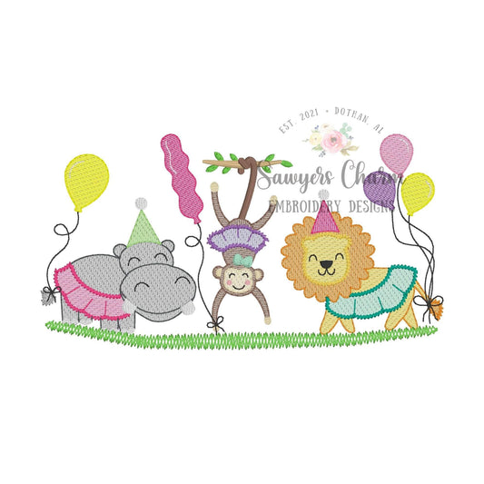 Party Zoo/jungle/safari animals in tutus with bow sketch stitch trio, machine embroidery design file, hippo, monkey, lion, hats, balloons