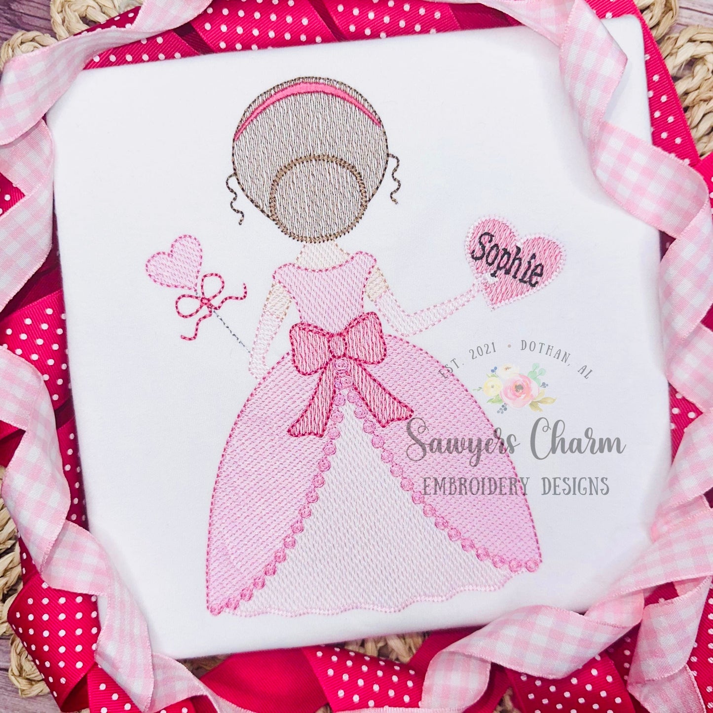 Valentine princess sketch stitch machine embroidery design file, quick stitch, heart, bow, hugs and kisses, magic wand, love