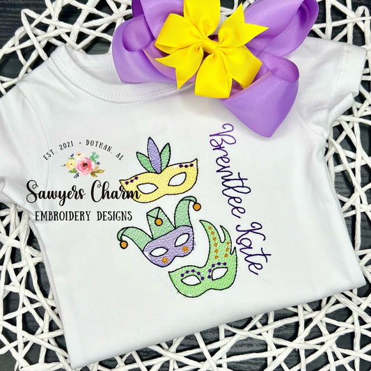 Mardi Gras masks trio "watercolor" sketch stitch machine embroidery design file, quick stitch, bean stitch, jester, beads, good times roll
