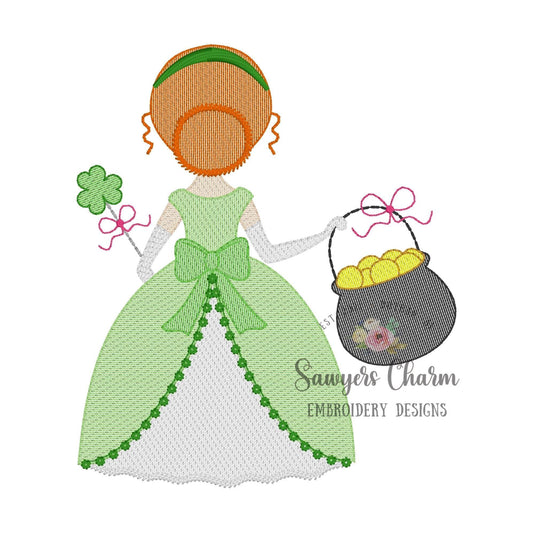 St. Patrick's Day princess sketch stitch machine embroidery design file, quick stitch, shamrock, clover, good luck, pot of gold, spring, bow