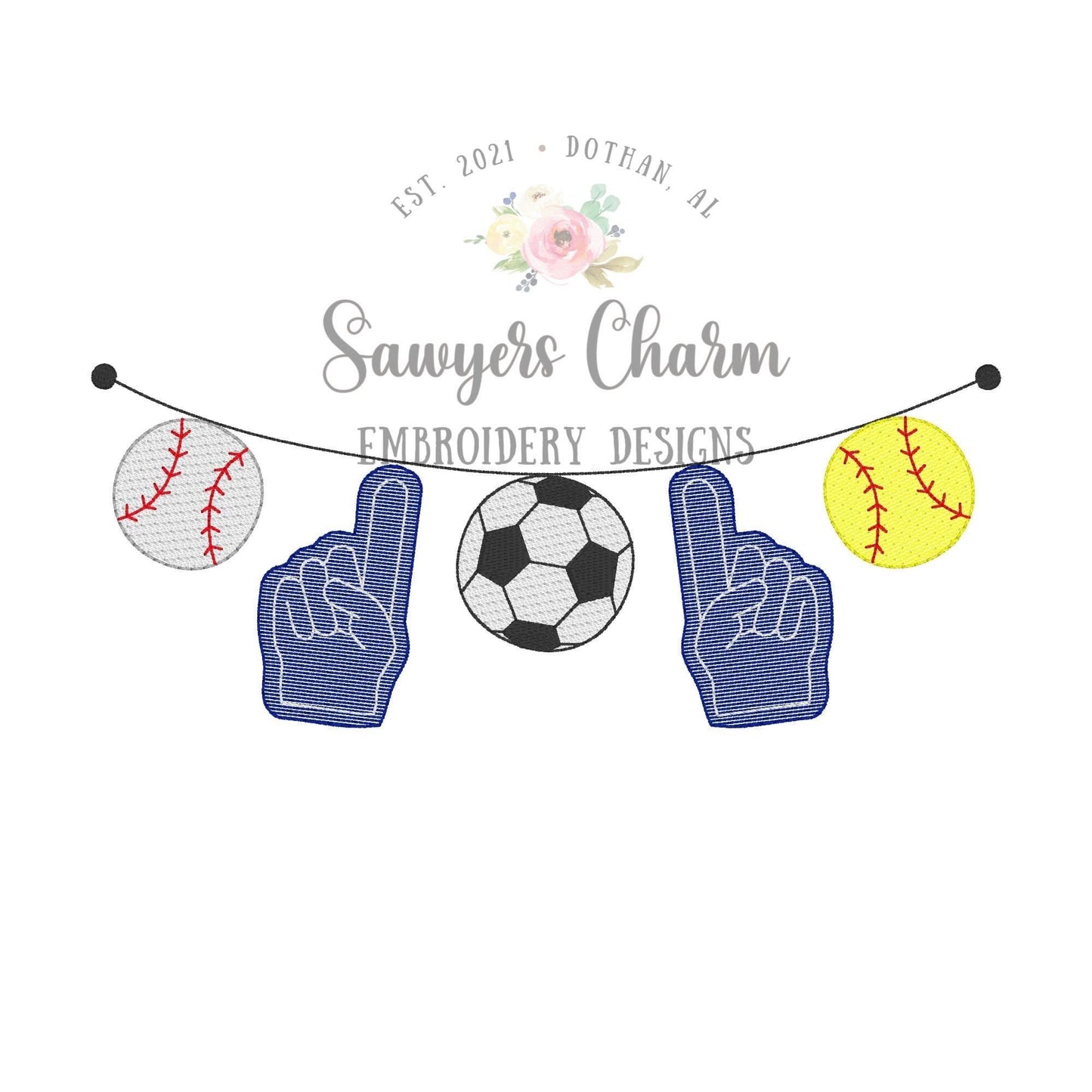 BUNDLE Sports balls with foam finger bunting banner sketch stitch machine embroidery design file, baseball, soccer, softball, fans, team