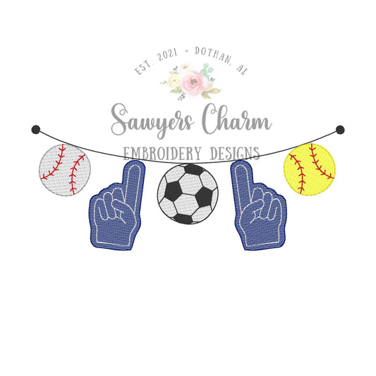 BUNDLE Sports balls with foam finger bunting banner sketch stitch machine embroidery design file, baseball, soccer, softball, fans, team