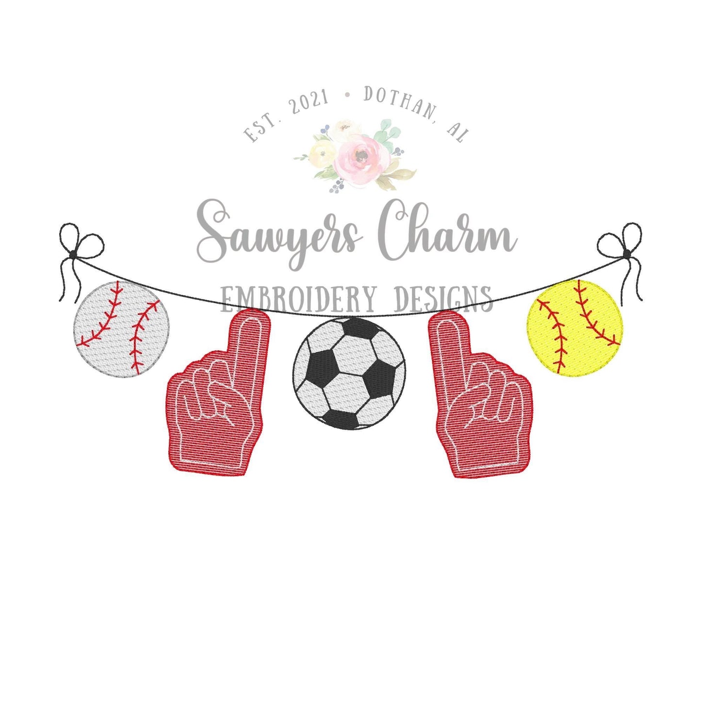BUNDLE Sports balls with foam finger bunting banner sketch stitch machine embroidery design file, baseball, soccer, softball, fans, team