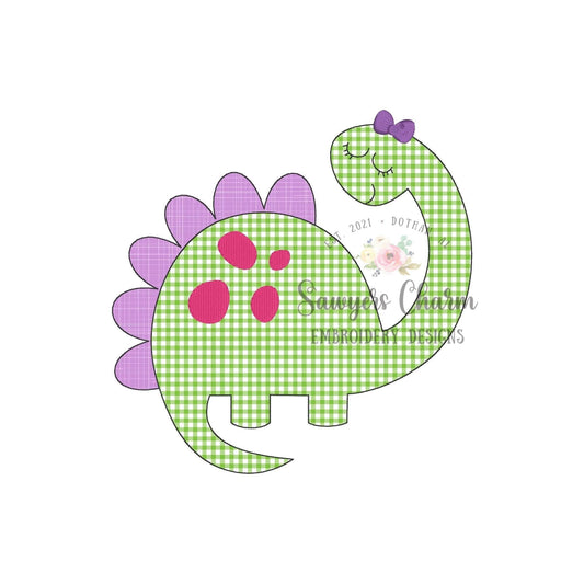 BUNDLE Girl dinosaur with bow & spots bean and zig zag stitch applique, machine embroidery design file, quick stitch, rawr, long neck spikes