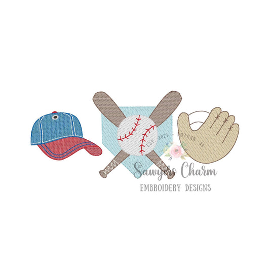 Ball cap/hat, Baseball bats home plate, glove sketch stitch trio, machine embroidery design file, ballgame sports outfield, quick stitch
