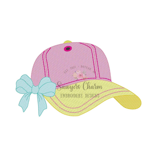 Ball cap/hat with bow sketch stitch machine embroidery design file, ballgame, sports, quick stitch, little girl