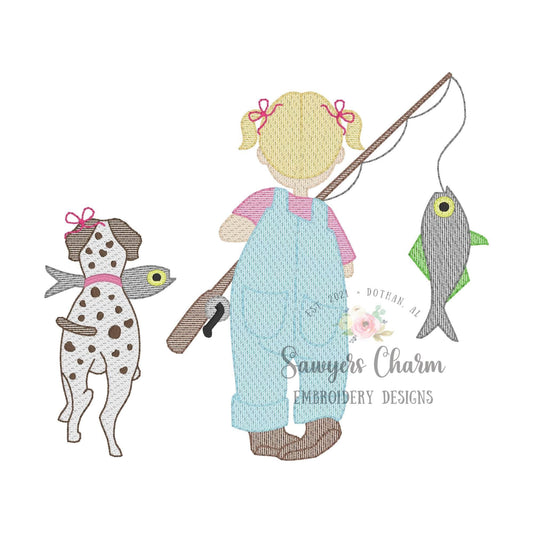 Little girl fishing with pointer spotted dog sketch stitch machine embroidery design file, fishing pole, spring summer, with pigtails & buns