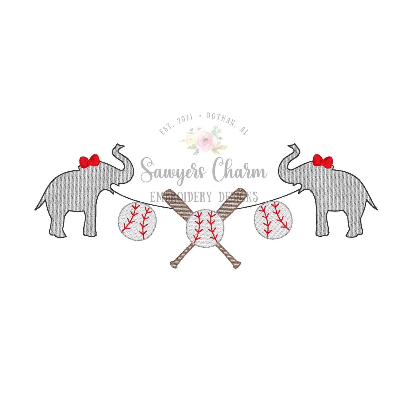 BUNDLE Elephant mascot baseball/bats bunting banner with and without bows sketch stitch embroidery design file, college university, softball
