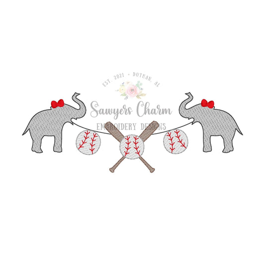 BUNDLE Elephant mascot baseball/bats bunting banner with and without bows sketch stitch embroidery design file, college university, softball