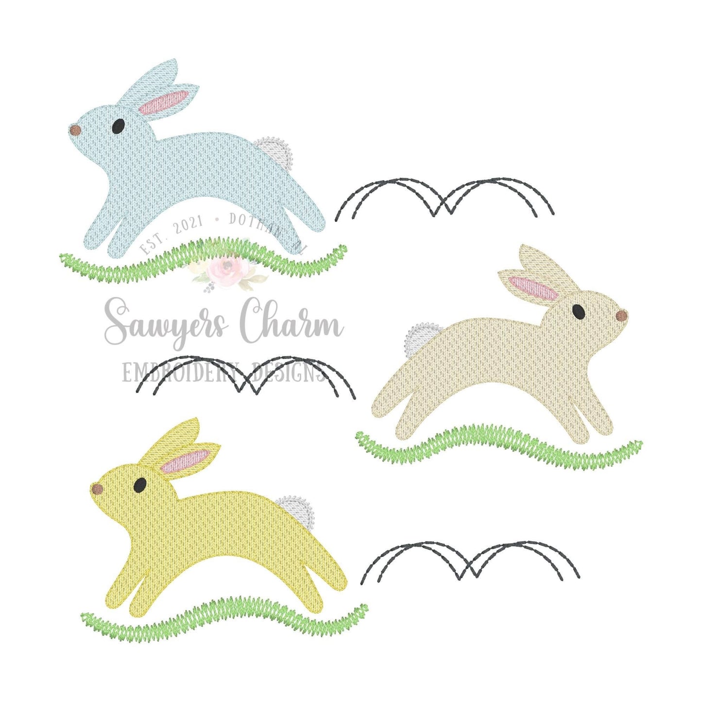 BUNDLE Easter bunnies hopping with/without bows sketch stitch machine embroidery design file, peter cottontail, spring, rabbits, egg hunt