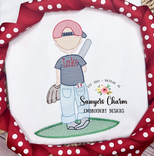 Little boy with baseball, bat, glove, hat sketch stitch machine embroidery design file, quick stitch, spring summer, outdoors field, player