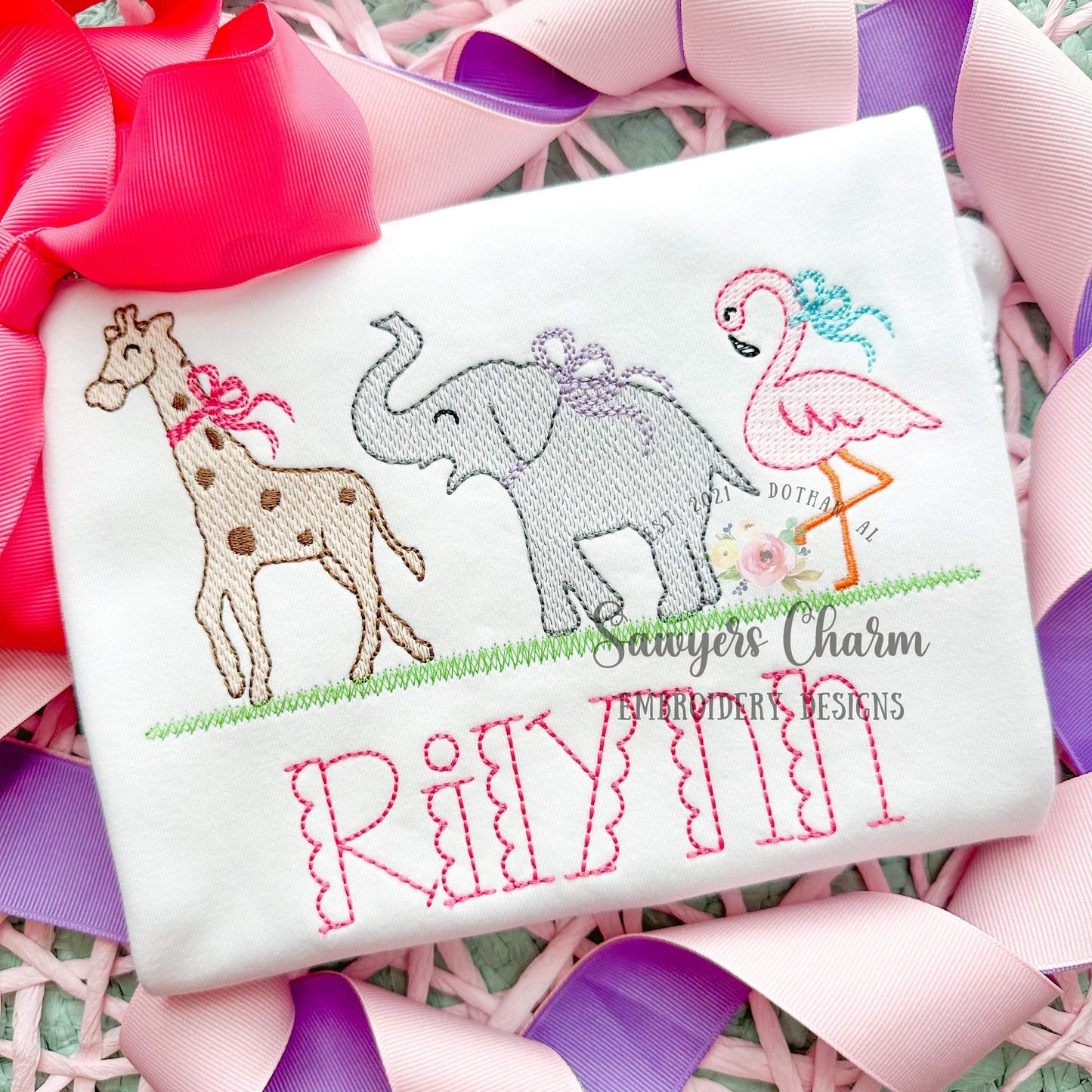 BUNDLE Zoo/jungle/safari animals with & without bows sketch stitch trio, machine embroidery design file, giraffe, elephant, flamingo