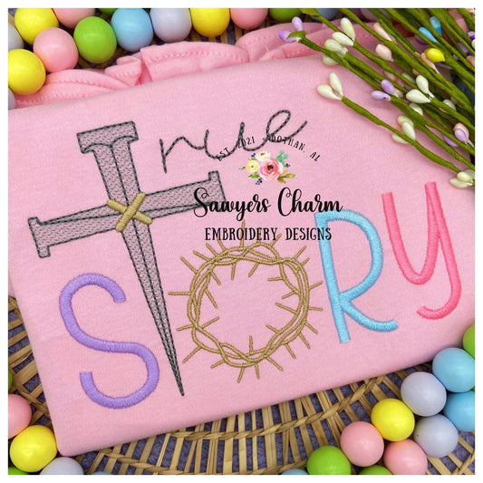 TRUE STORY Crown of thorns, cross & nails sketch stitch machine embroidery design file, satin stitch letters, Easter resurrection, Jesus