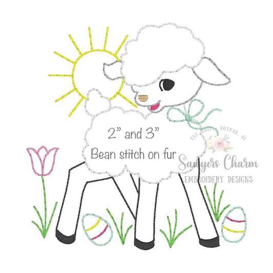 Vintage lamb with bow bean stitch machine embroidery design file, quick stitch, Easter, He is risen, spring, eggs, grass, sunshine, flowers