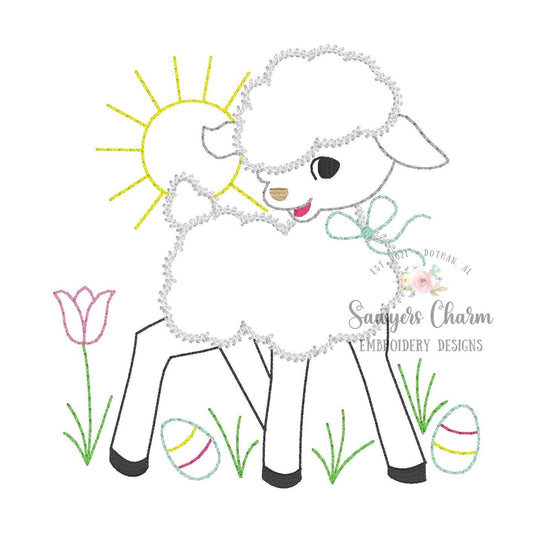 Vintage lamb with bow bean stitch machine embroidery design file, quick stitch, Easter, He is risen, spring, eggs, grass, sunshine, flowers