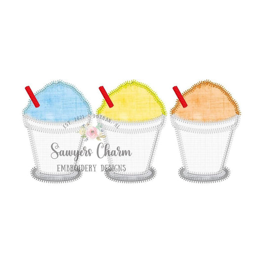 BUNDLE Snoball in cup with straw trio, with/without bow bean & zigzag machine applique design, summer, spring, snacks, ice cream snow cone