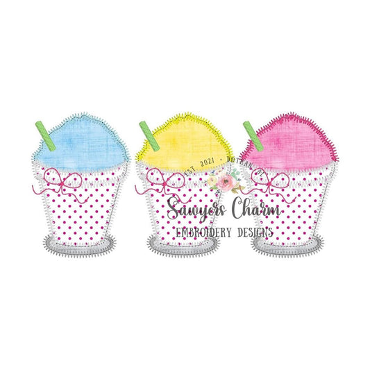 BUNDLE Snoball in cup with straw trio, with/without bow bean & zigzag machine applique design, summer, spring, snacks, ice cream snow cone