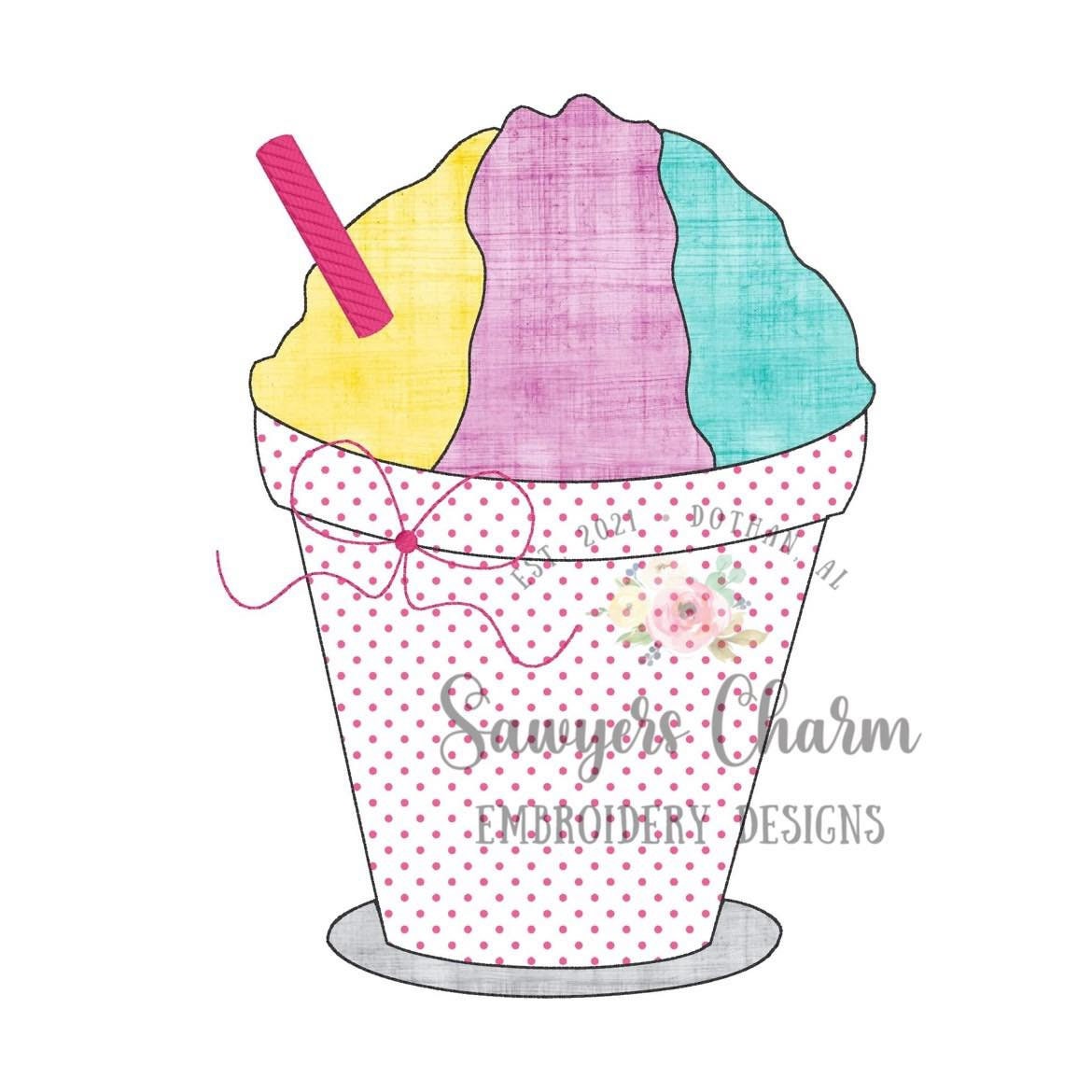 BUNDLE Snoball in cup with straw, with/without bow bean & zigzag machine applique design, summer, spring, snacks, ice cream snow cone