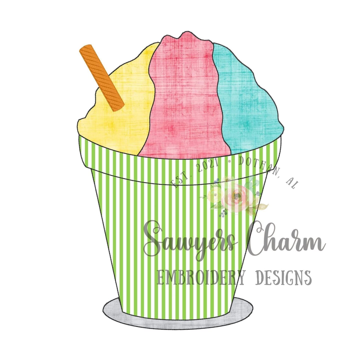 BUNDLE Snoball in cup with straw, with/without bow bean & zigzag machine applique design, summer, spring, snacks, ice cream snow cone