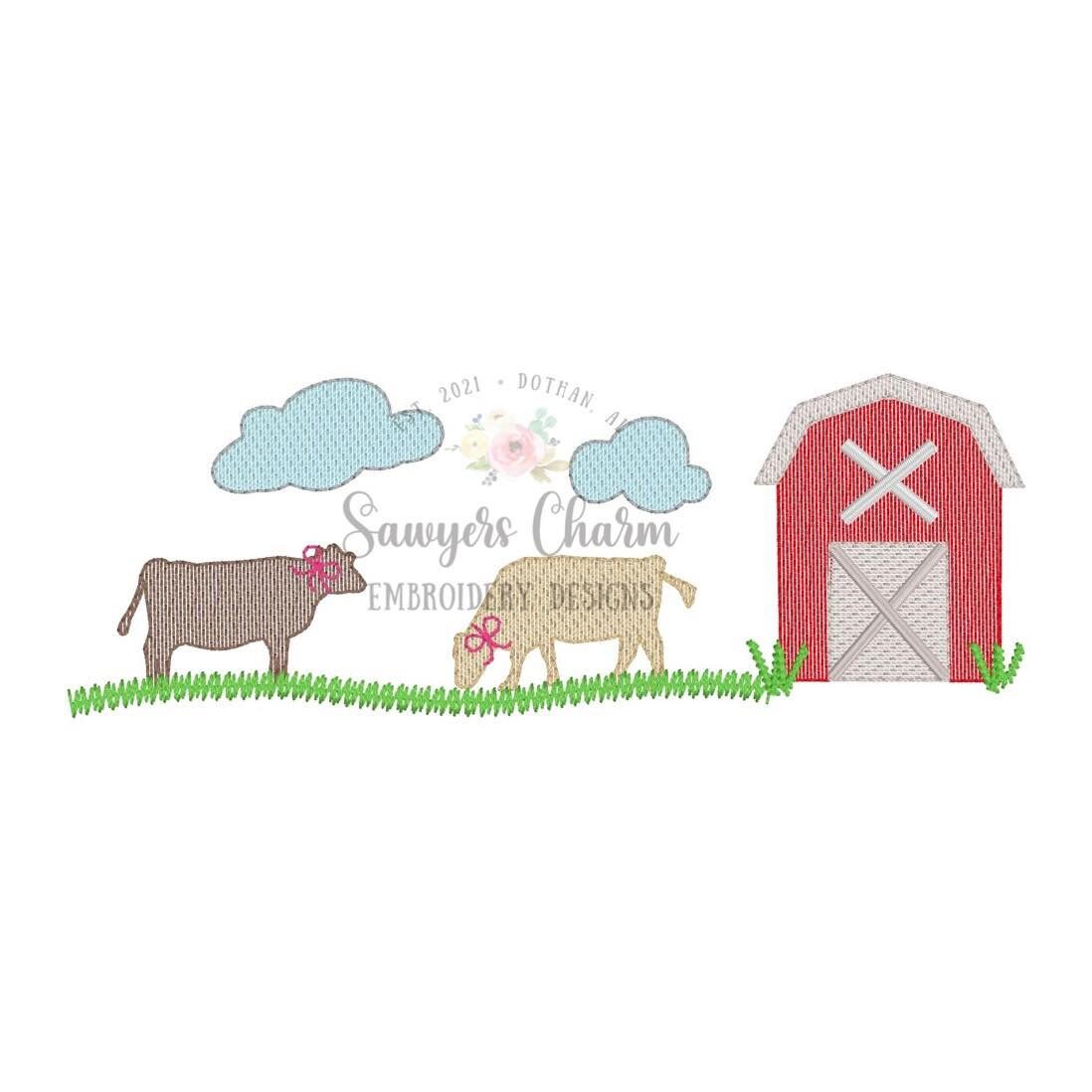 BUNDLE Cows in field with/without bows, farm, barn sketch machine embroidery design file, quick stitch, animals, cattle farmer, clouds